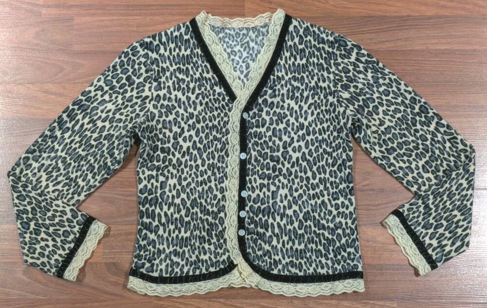 Y2K Leopard Cardigan Women XS Lace Velvet Trim Coquette Animal Print Top Vintage